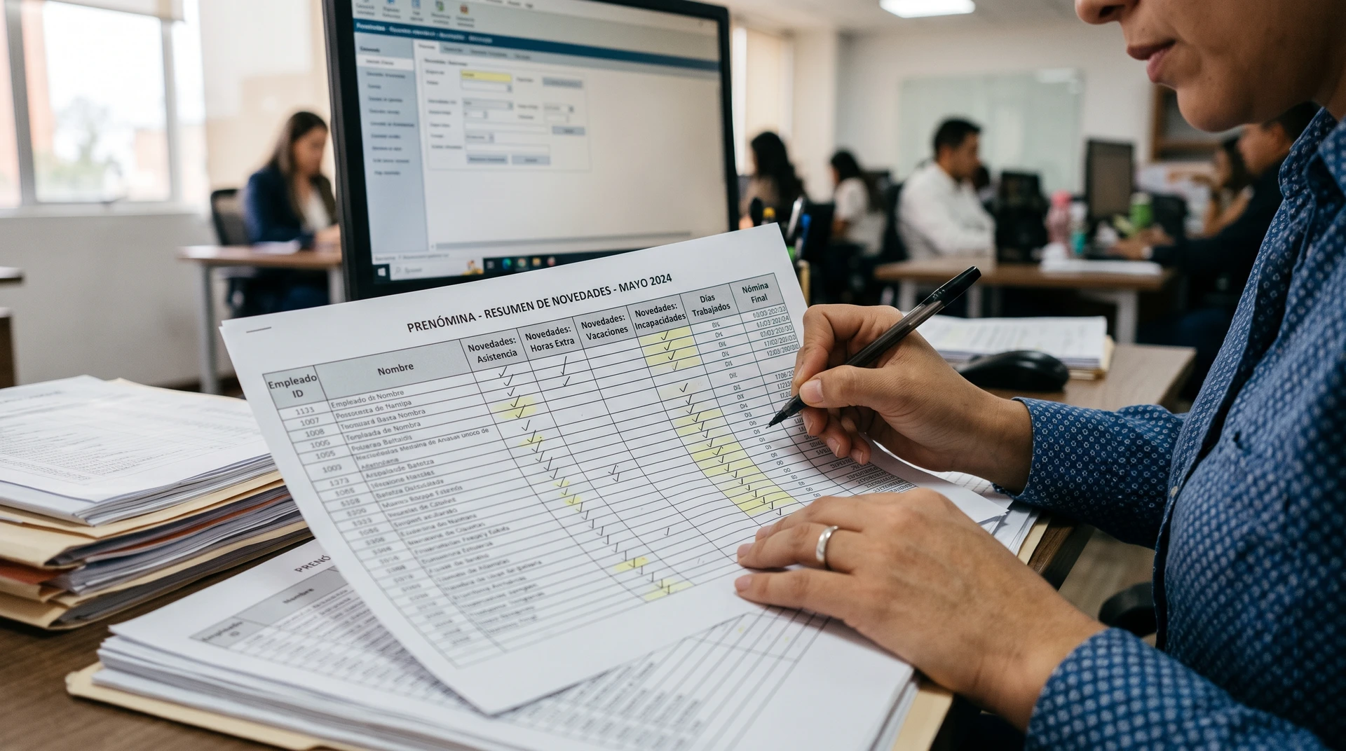 Flujo de gesti&oacute;n de n&oacute;mina en Colombia, mostrando pren&oacute;mina con novedades de asistencia y ausencias laborales.