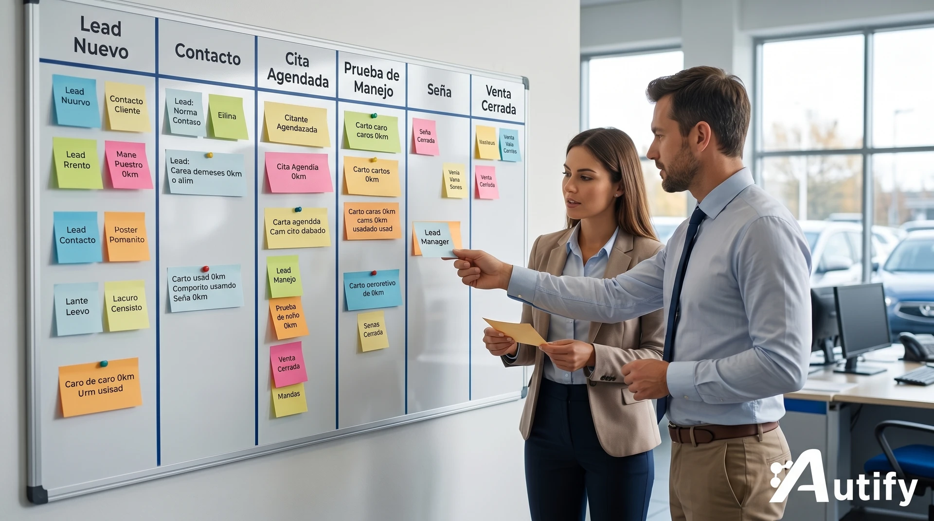 Kanban de ventas en concesionaria mostrando el flujo de trabajo y organización del equipo de ventas.