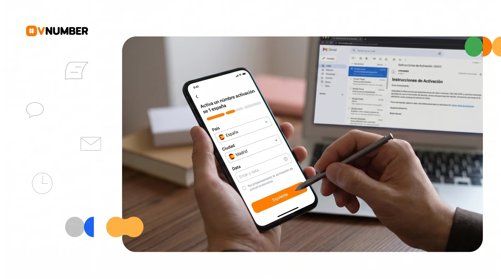 Activar línea de empresa virtual online en minutos: selecciona país, ciudad, completa datos y recibe instrucciones.