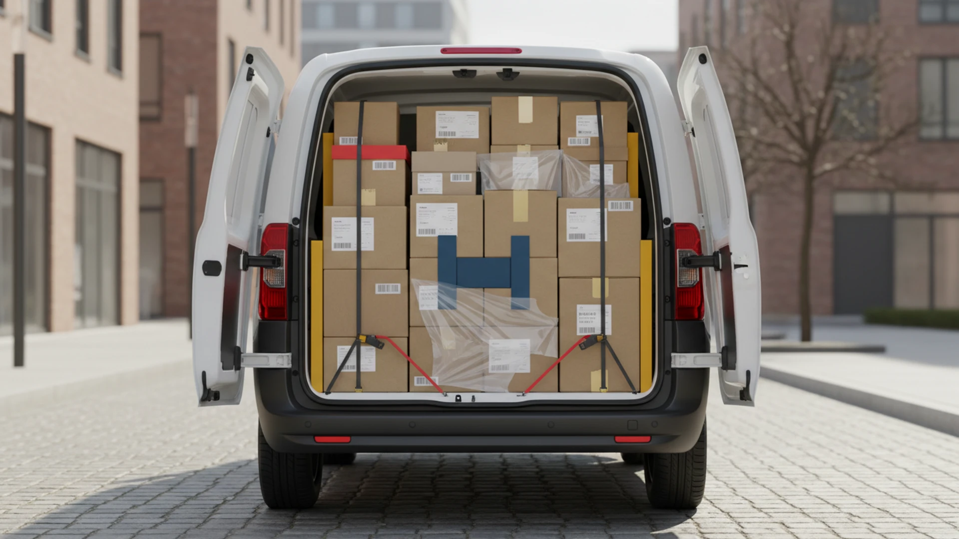 Ejemplo de caja de carga bien organizada, mostrando paquetes ordenados para optimizar el tiempo de entrega.