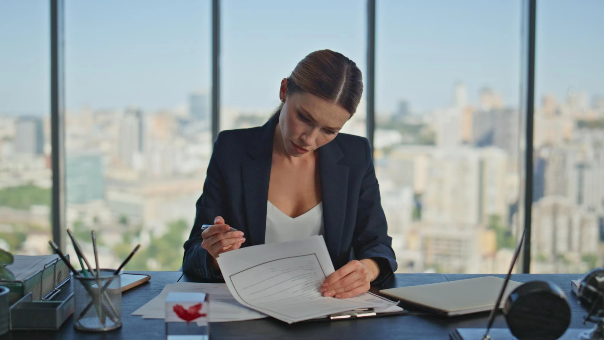 Successful entrepreneur signing contract deal in office smiling woman planning