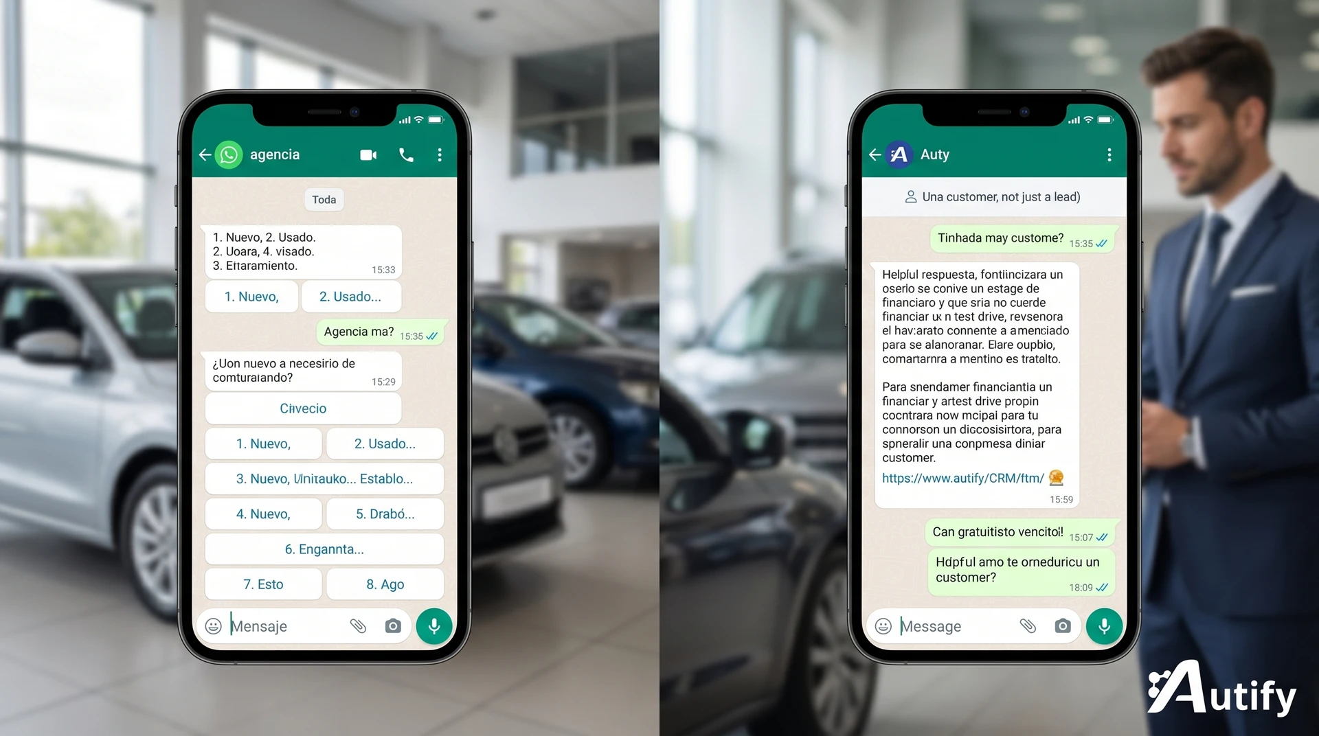 Comparación entre chatbot y agente IA en WhatsApp, destacando su impacto en las ventas de concesionarias.