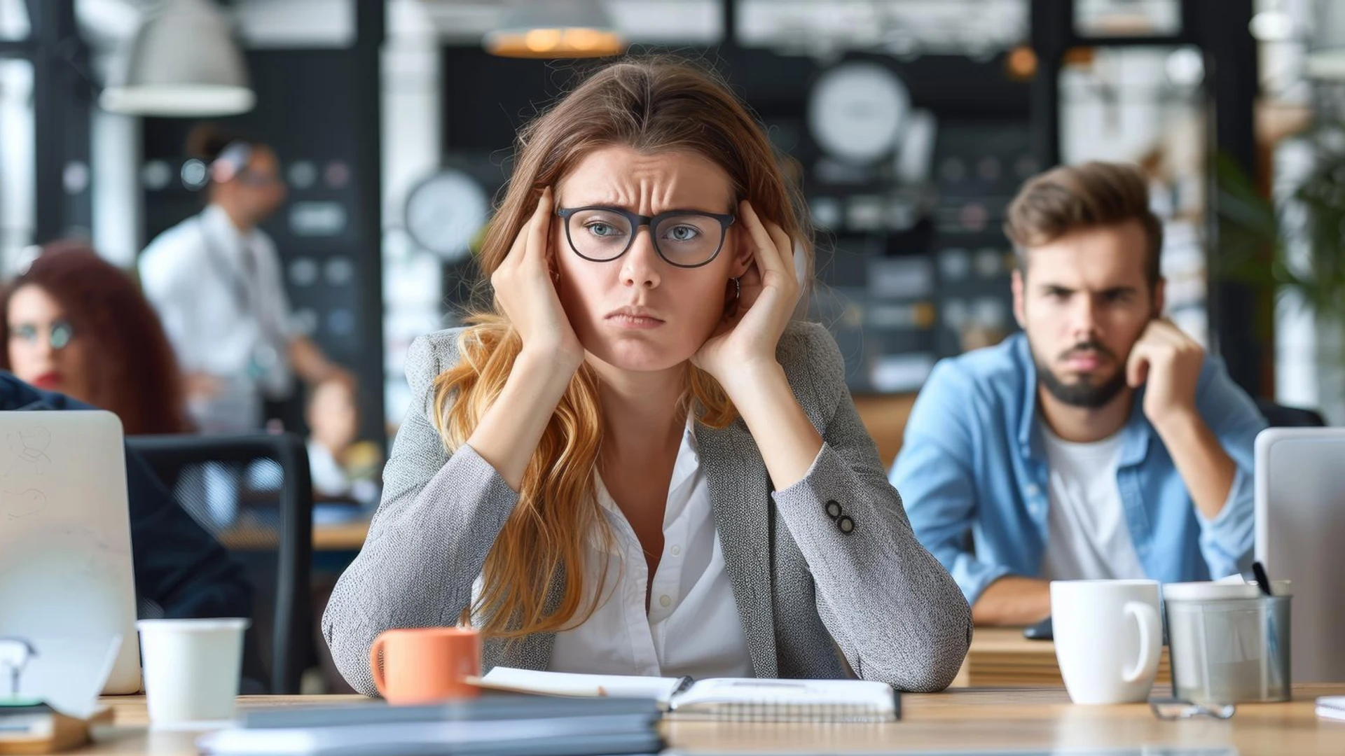Stressed Employees in Office Setting Depicting Lack of Communication in a Toxic Workplace Environment