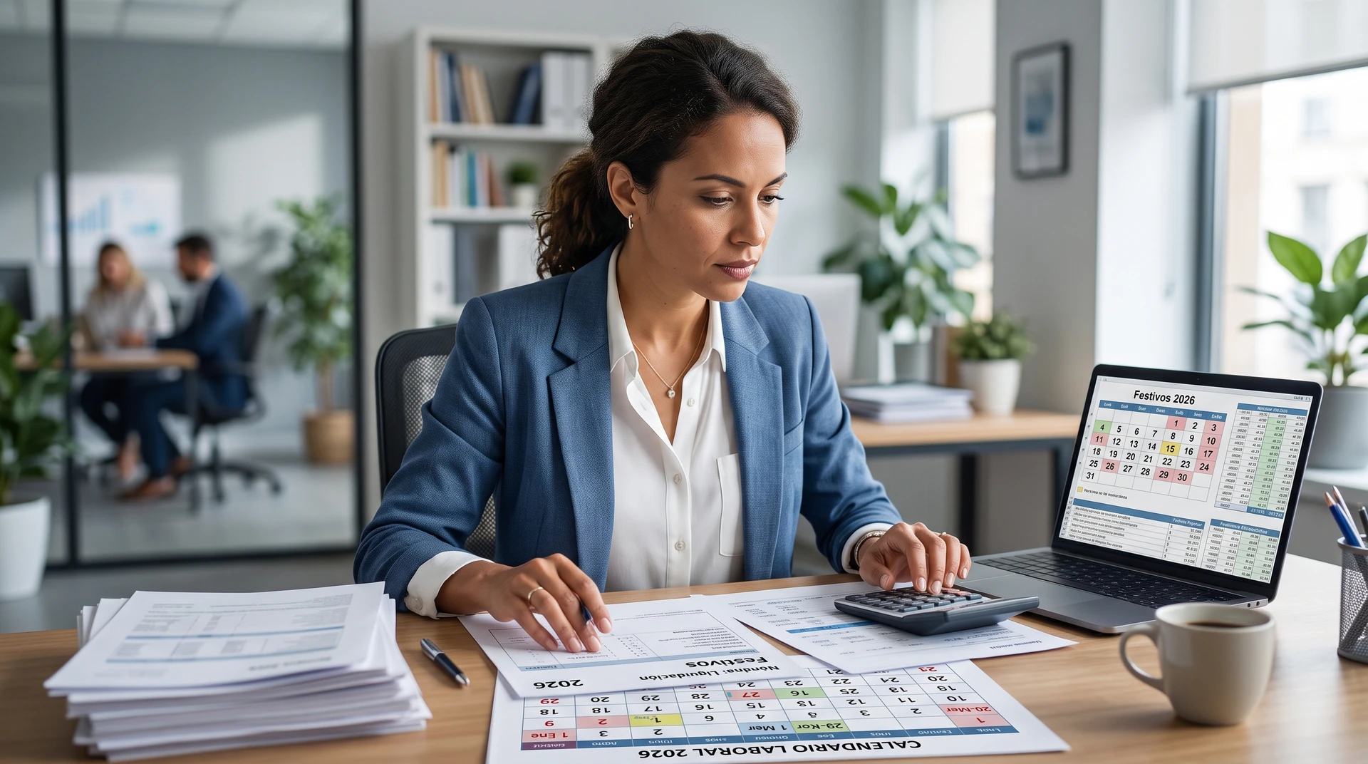 Empleados de una empresa revisando el calendario laboral y los festivos de 2026 para evitar errores salariales.