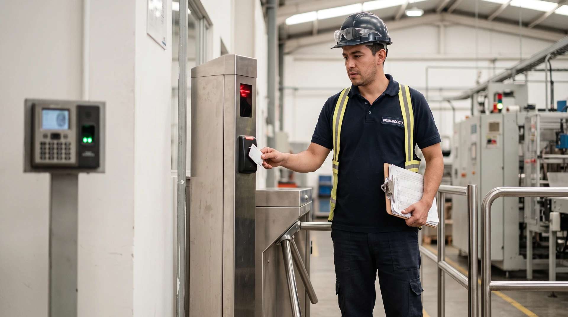 Operario en planta de manufactura en Bogotá marcando ingreso en reloj biométrico, mientras torniquete usa tarjeta de proximidad.