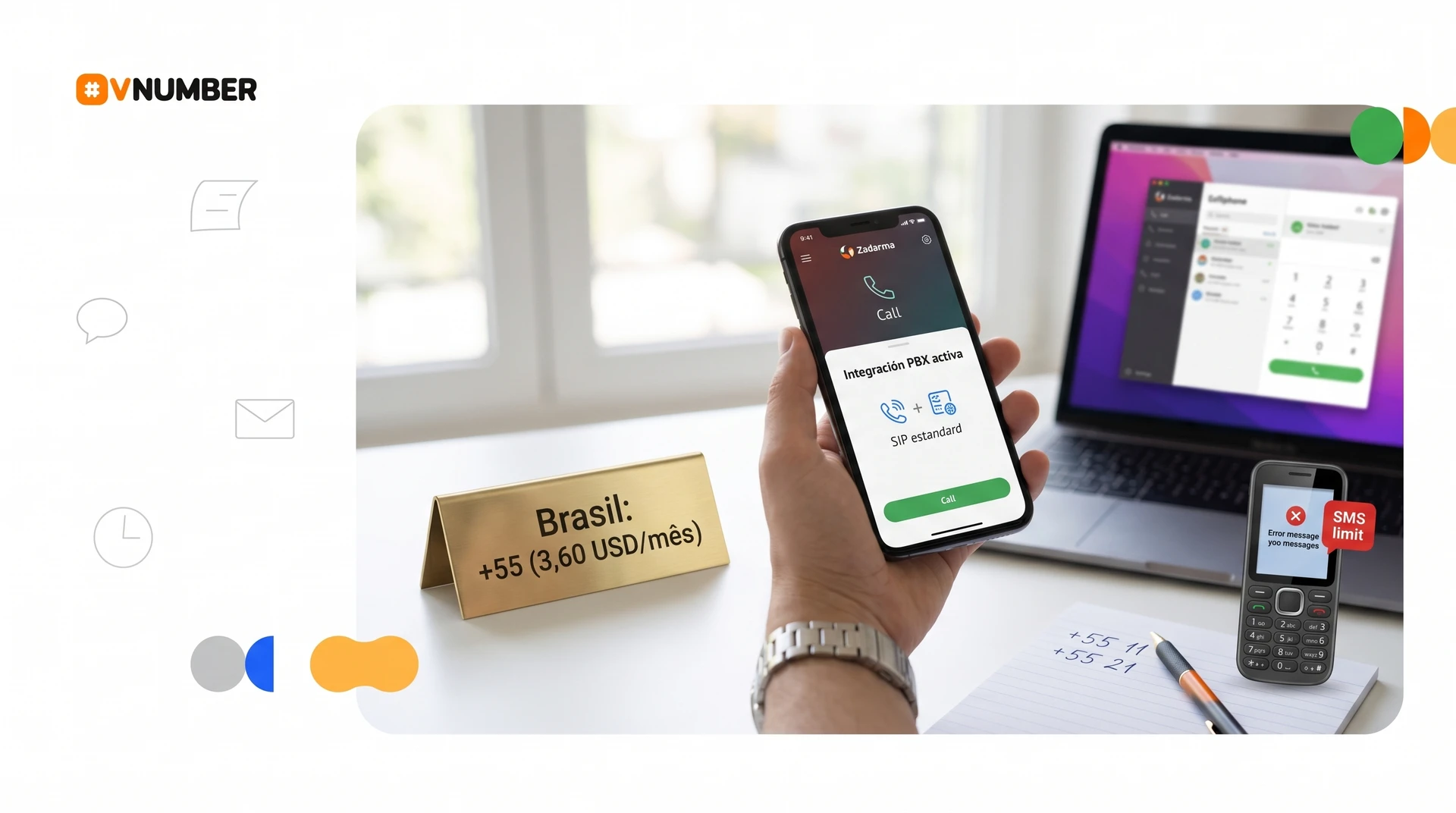Números virtuales brasileños de Zadarma desde 3,60 USD al mes, con integración PBX y protocolo SIP estándar.