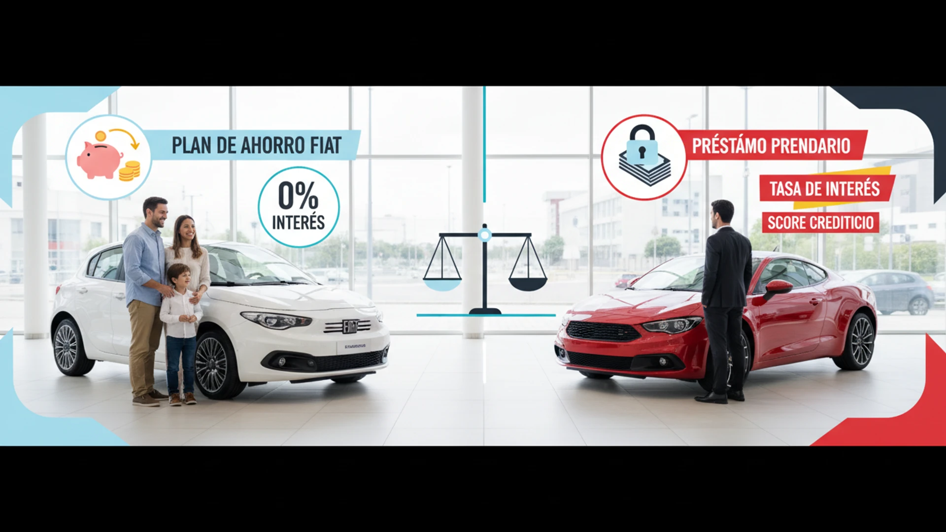 Comparativa entre el plan de ahorro FIAT sin intereses y el préstamo prendario con intereses y requisitos de crédito.