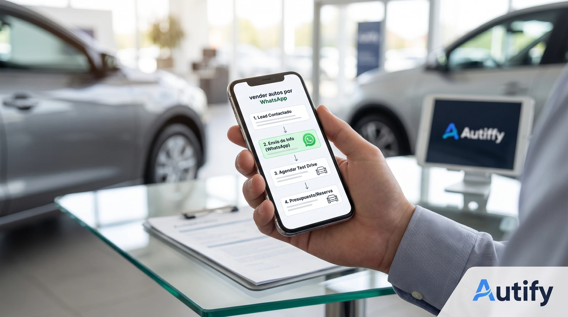Guía visual sobre cómo vender autos por WhatsApp con un flujo efectivo paso a paso.