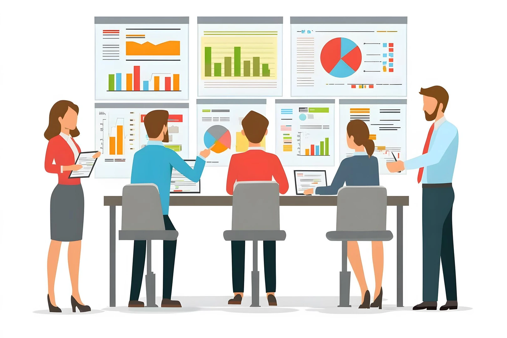 Equipo de trabajo analizando gráficos e indicadores de productividad