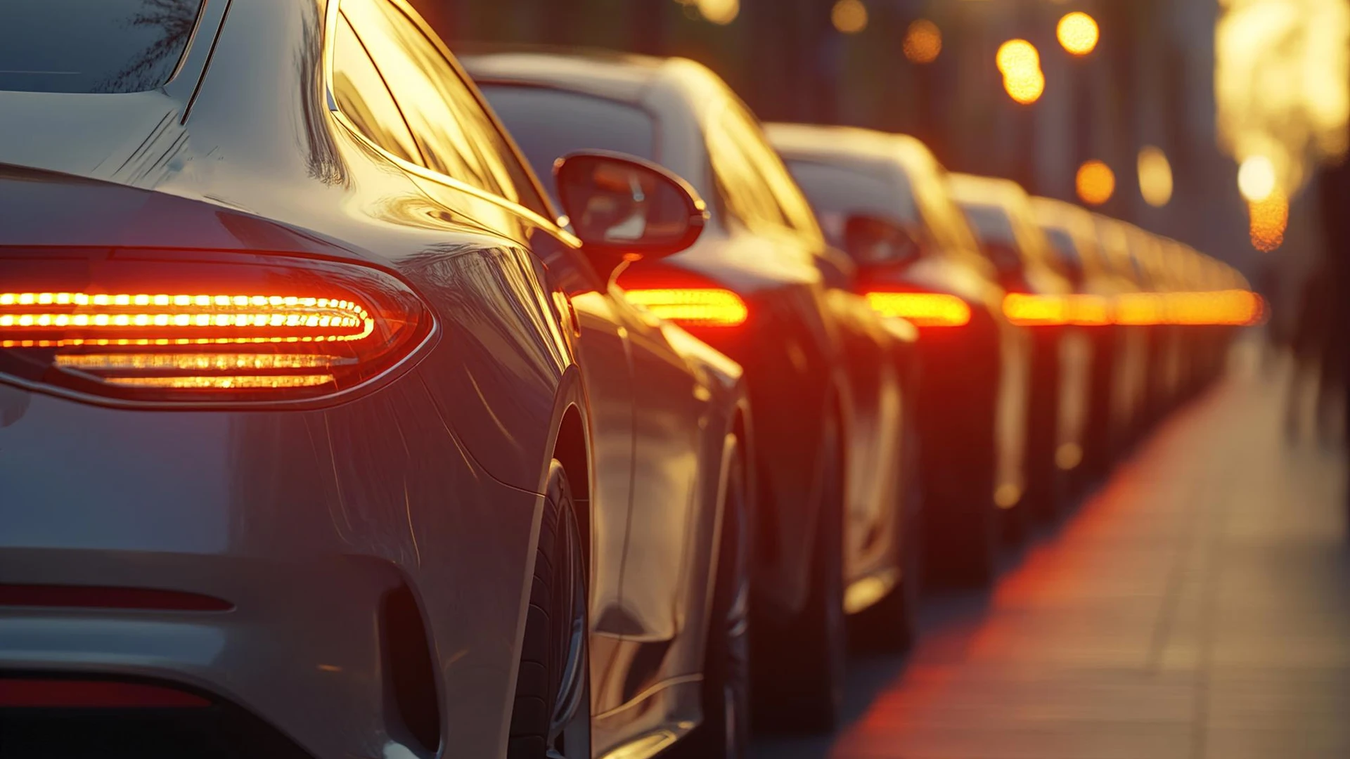 Luxury Cars Lined Up on a City Street at Sunset Showcasing Modern Innovation