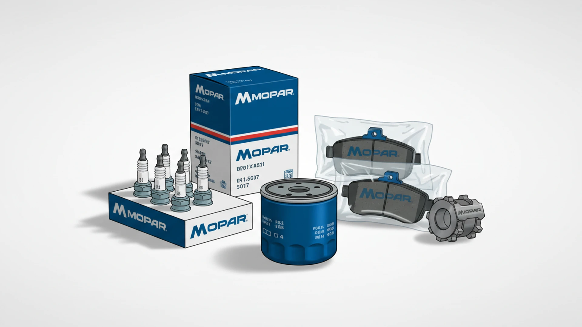 Embalaje y pieza auténticos de repuesto Mopar, demostrando características que evitan falsificaciones.