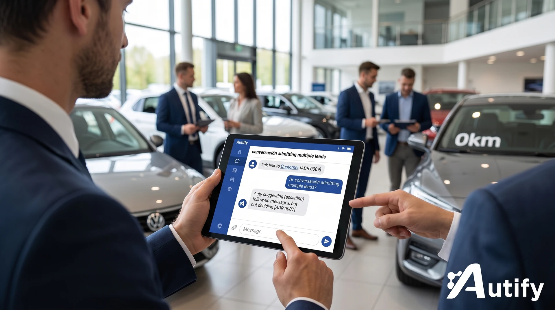 Agente de IA asistiendo a vendedores de autos en un concesionario, innovando la experiencia de ventas.