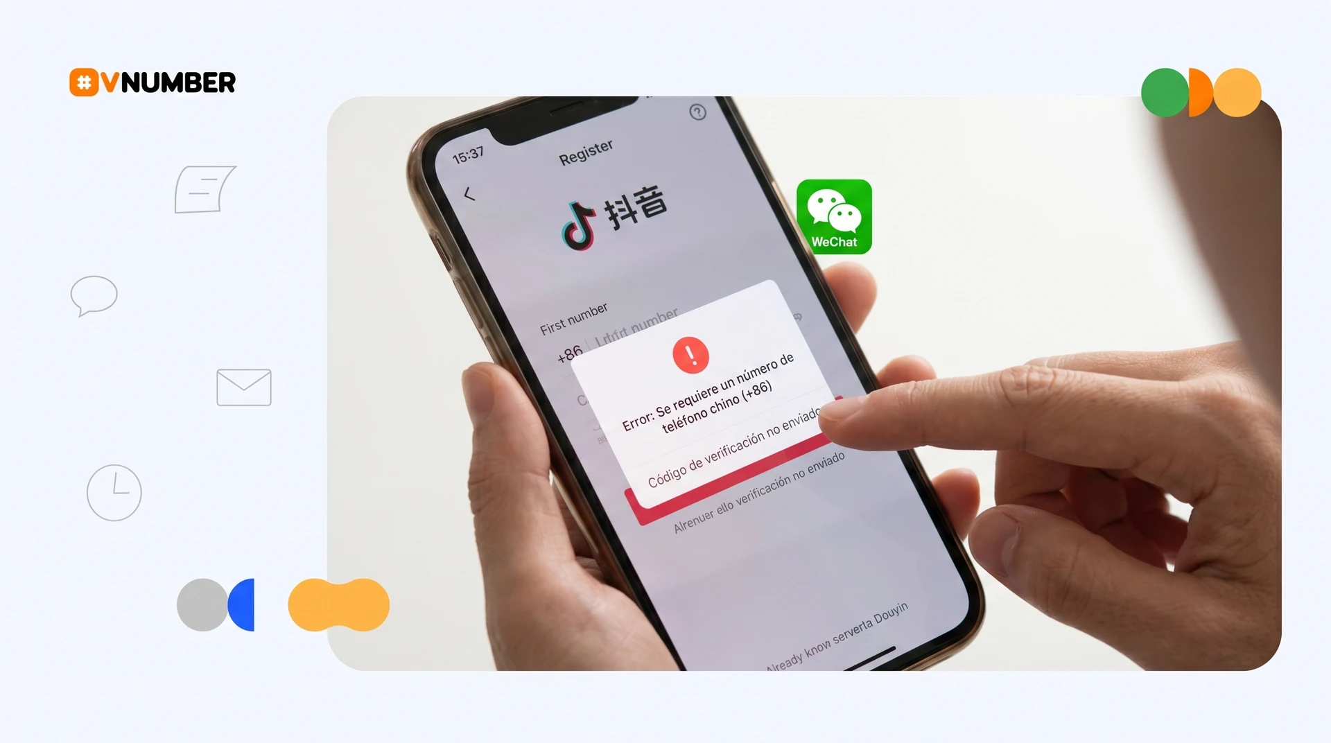 Pantalla de registro de WeChat mostrando la solicitud de número de teléfono chino para usuarios fuera de China.