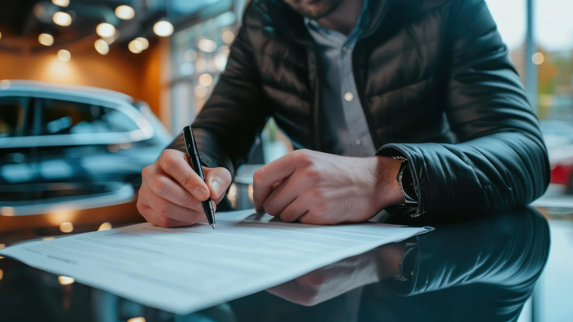 Person signing paperwork for a new car purchase in a showroom