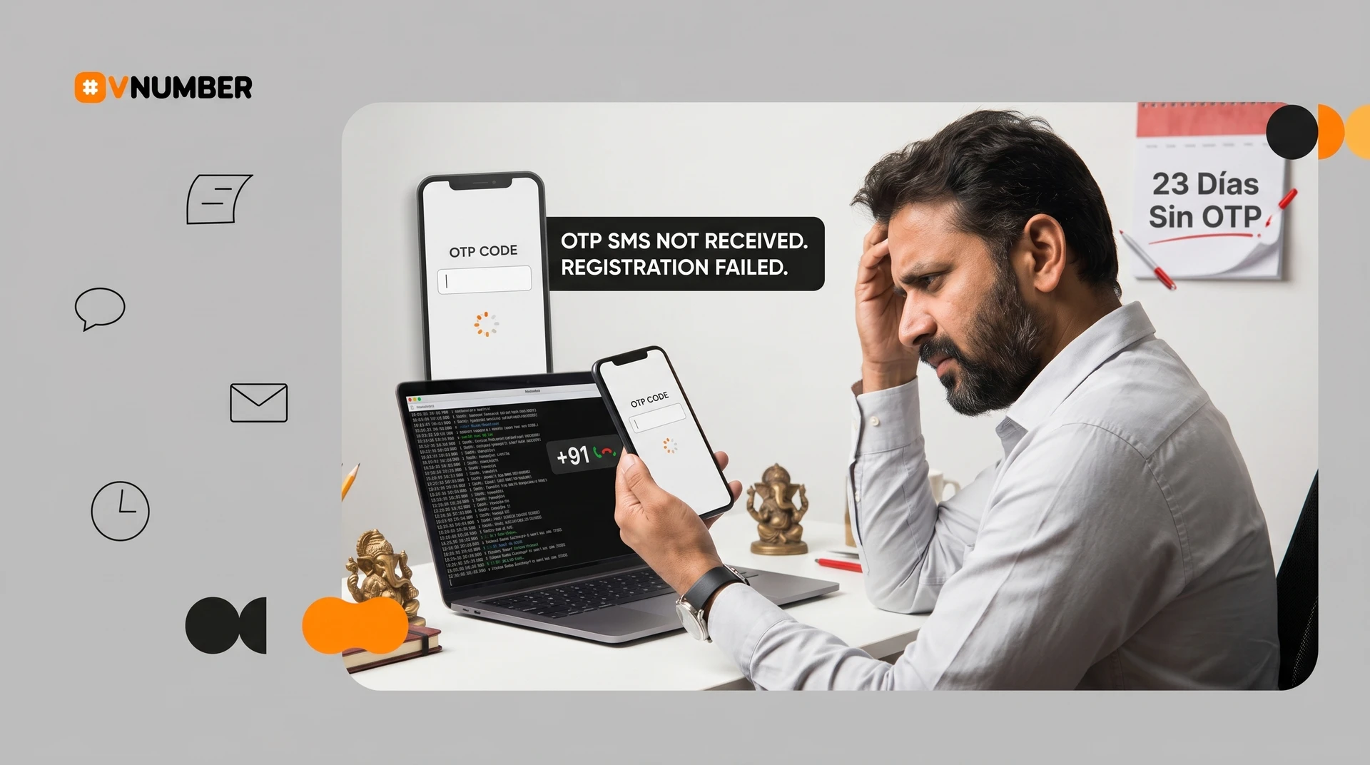 Dificultades para registrar números virtuales indios para recibir códigos OTP, con altos índices de SMS no entregados.