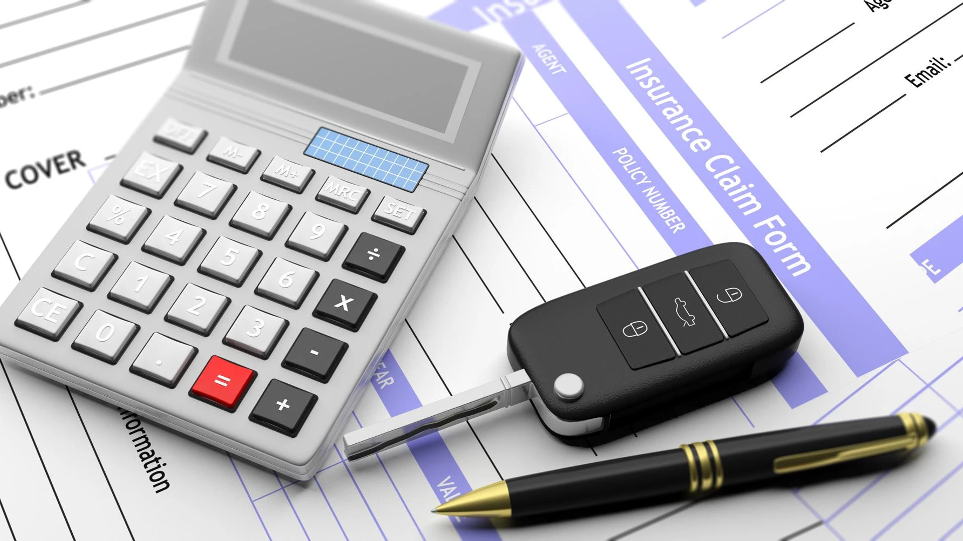 Car insurance claim form and calculator 3d illustration