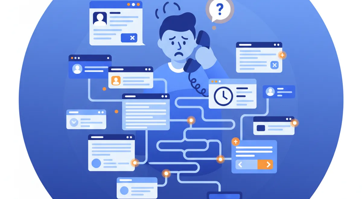 Clientes frustrados esperando respuesta en un servicio de atención telefónica, enfrentándose a menús confusos.