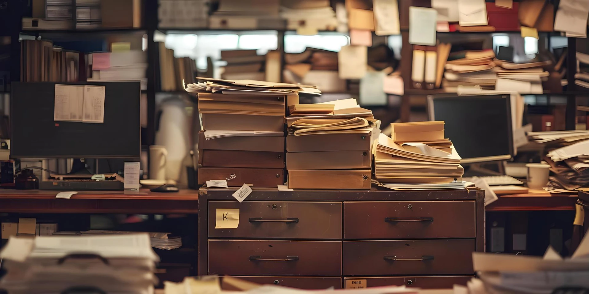 Overflowing filing cabinet with piles of paperwork tags and notes in a busy office setting Concept Office Chaos Piles of Pape