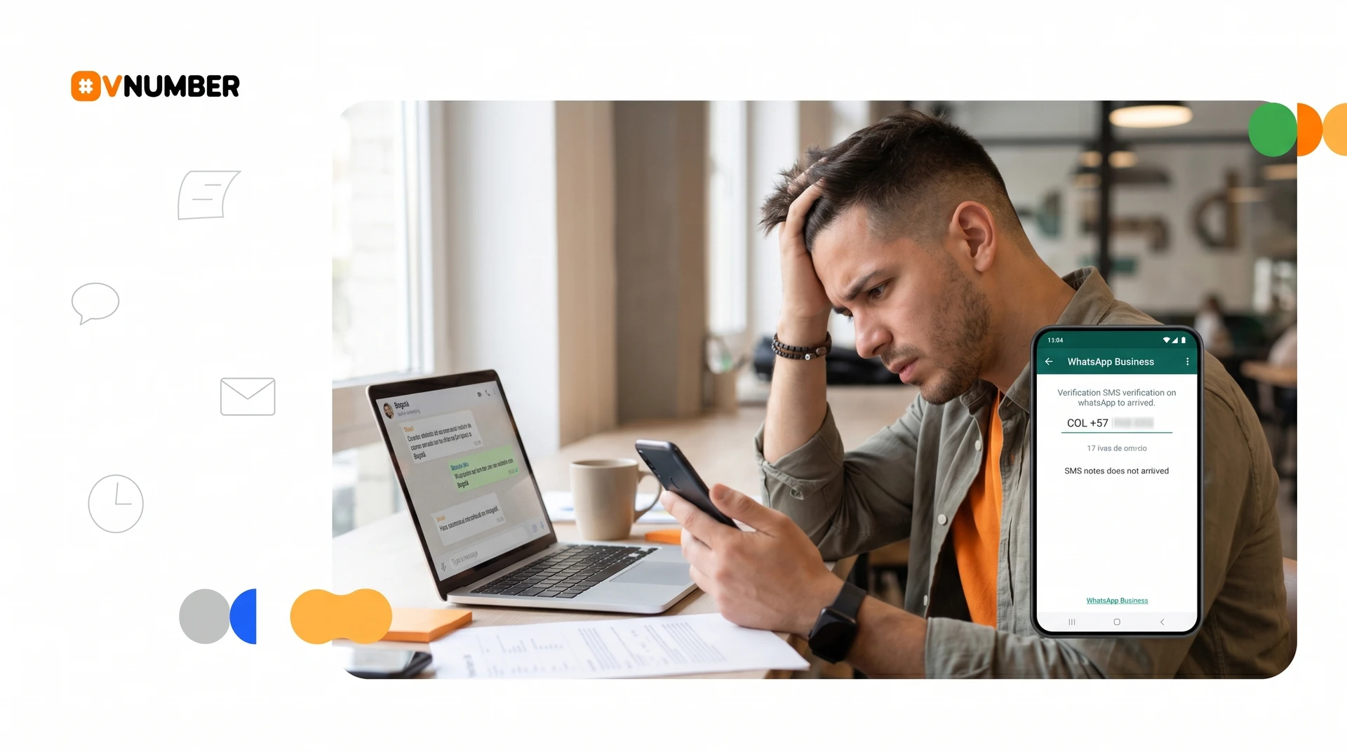 Freelancer en Madrid intenta verificar WhatsApp Business con número colombiano, pero no recibe el SMS de verificación.