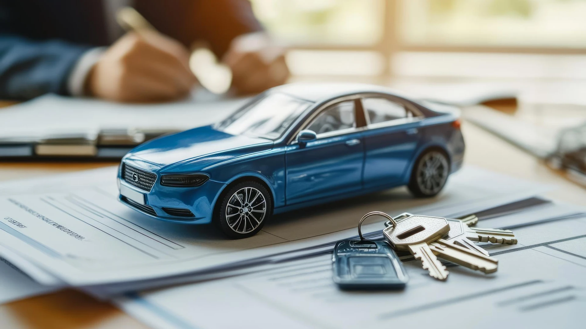 Model car and keys on a finance agreement symbolizing auto loans or deals