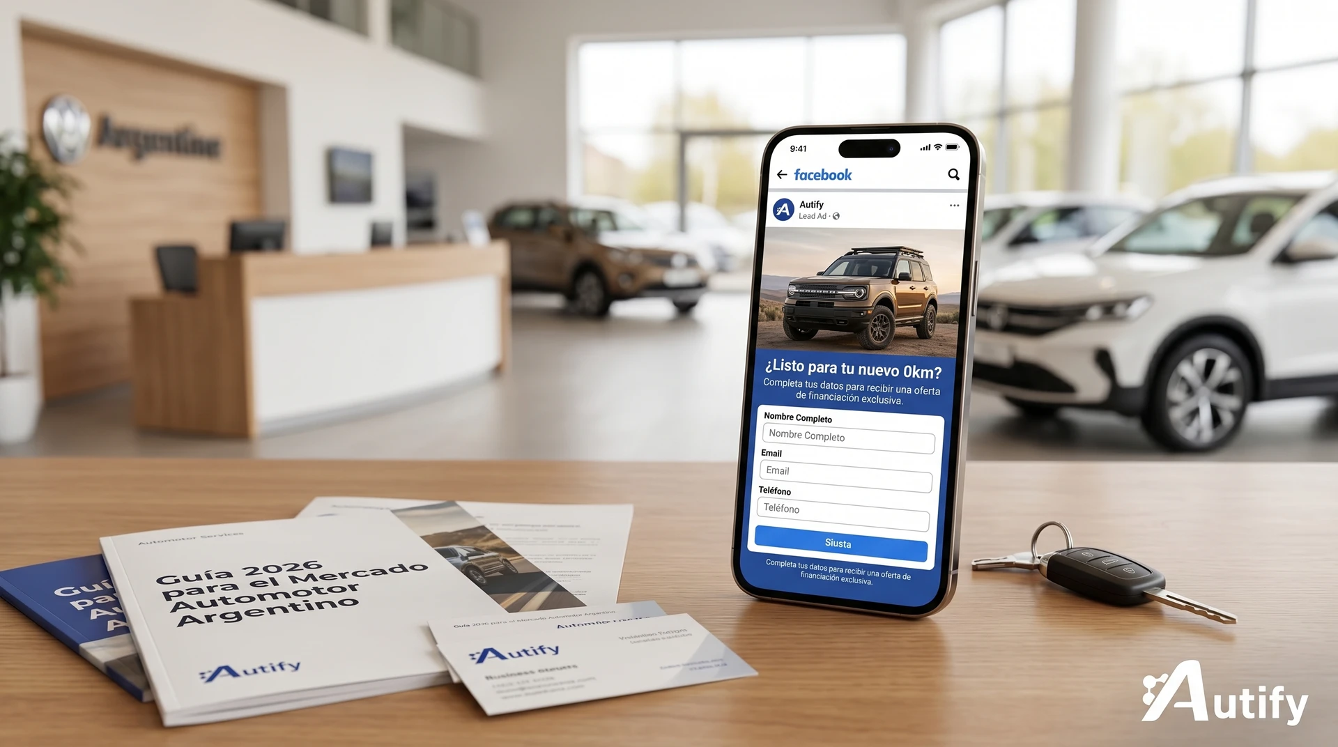 Banner promocional de Facebook Lead Ads para concesionarias automotrices en Argentina, con gráficos y texto destacado.