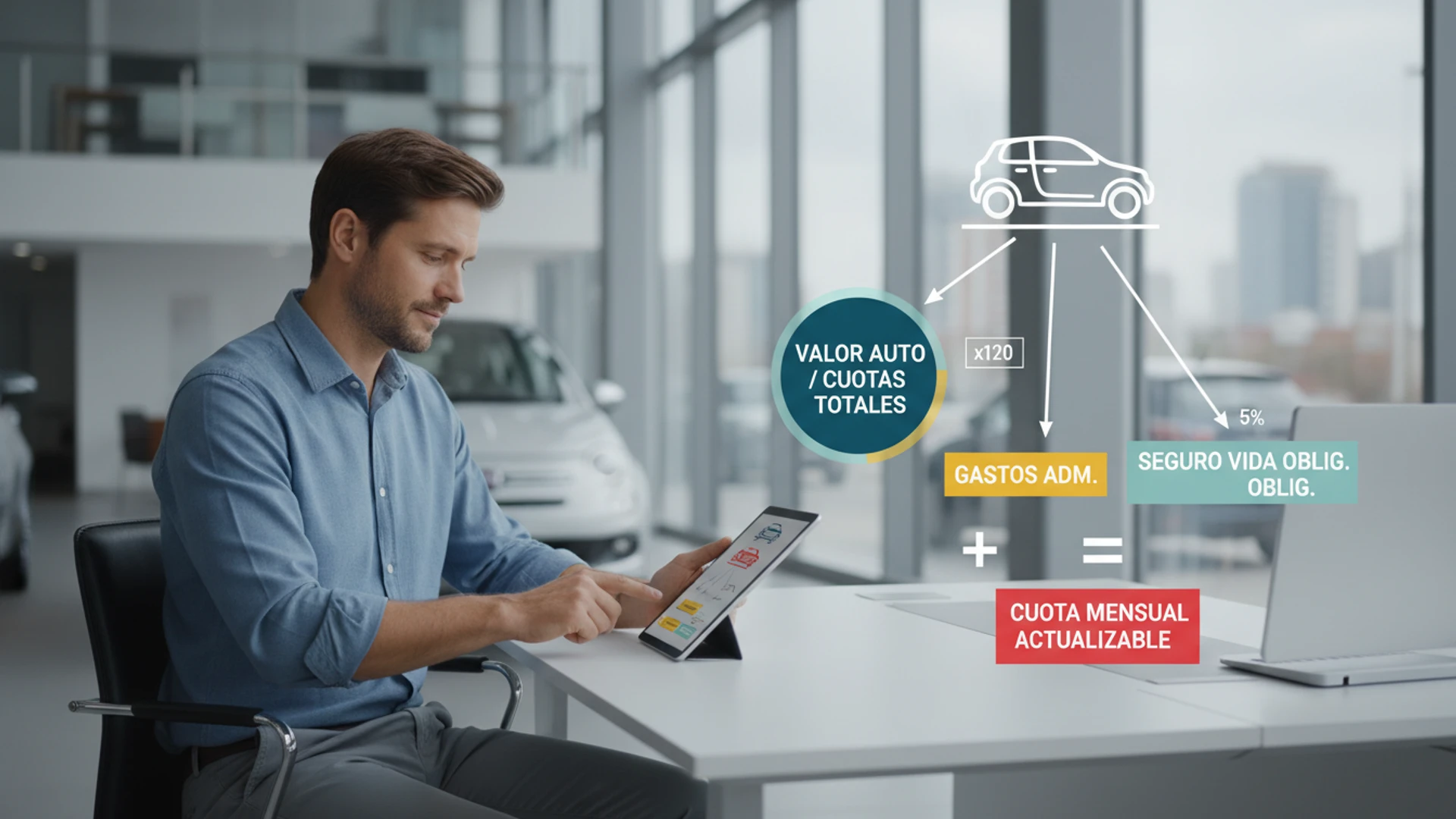 Cuota del plan de ahorro FIAT que incluye valor del auto, gastos administrativos y seguro de vida obligatorio actualizados mensualmente.