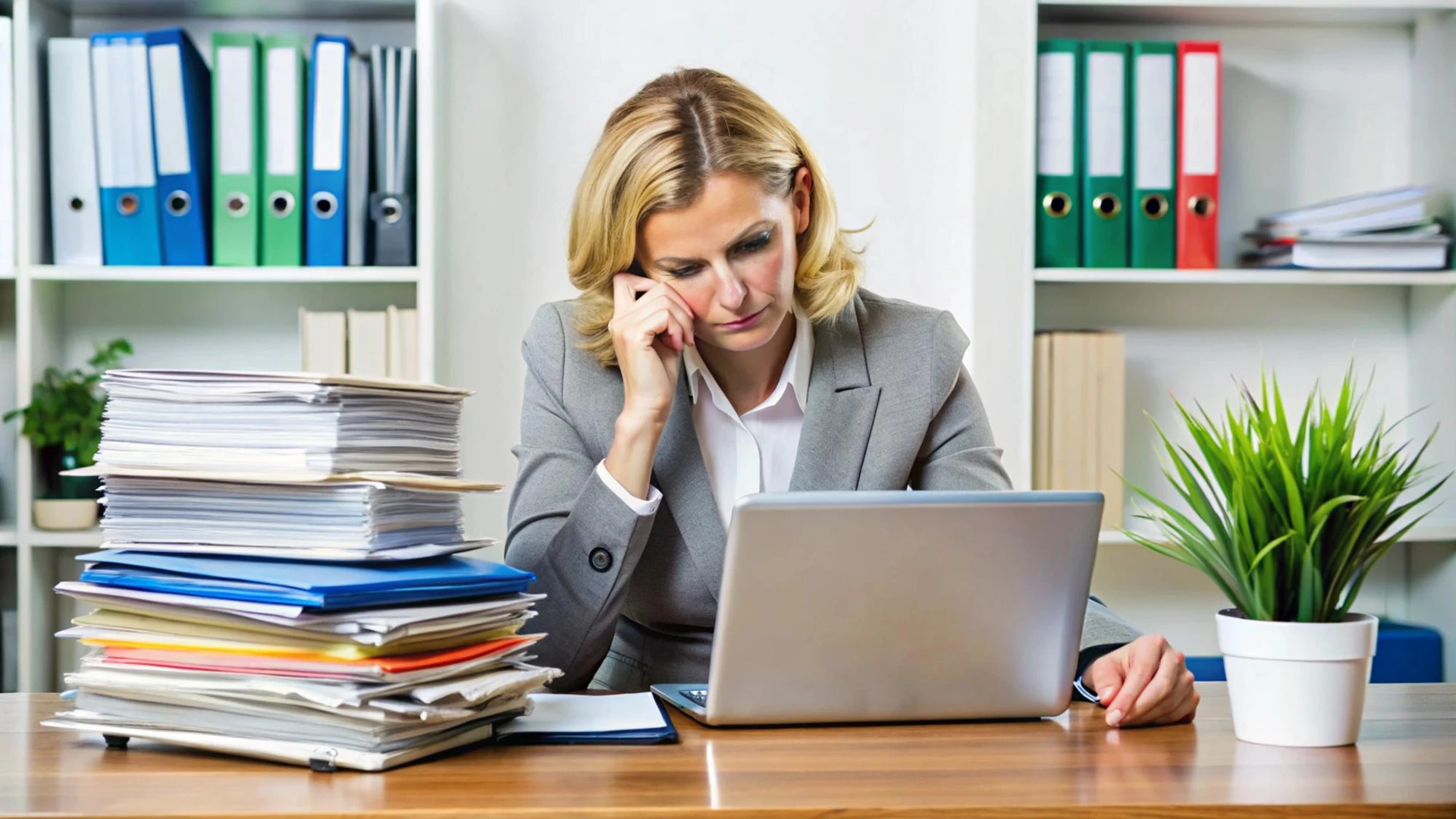 a woman is looking at a laptop with a lot of papers in the background