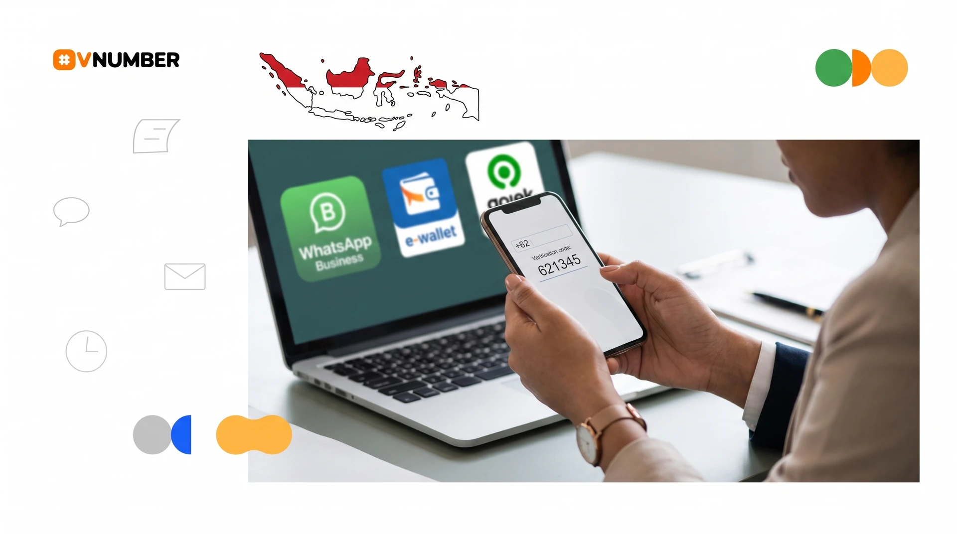 Número virtual +62 para acceder a aplicaciones indonesias como WhatsApp Business desde cualquier país sin problemas.