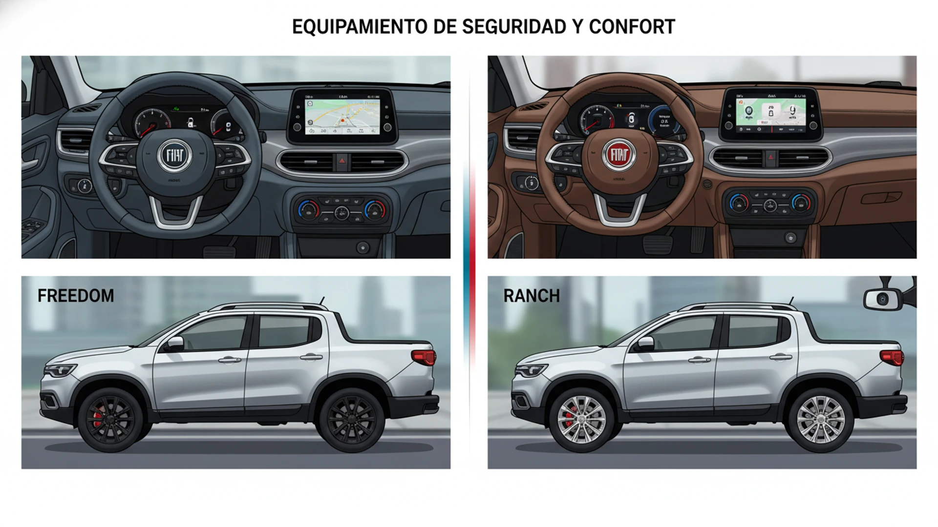 Equipamiento de seguridad incluye airbags frontales, control de estabilidad y frenos ABS en versiones de entrada.
