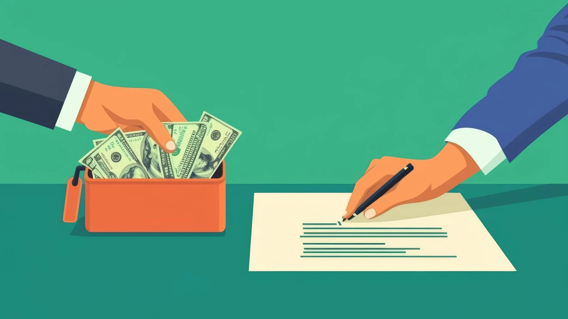 Hands holding a briefcase of money on one side of the table while the other hand signs a contract highstakes negotiation mone
