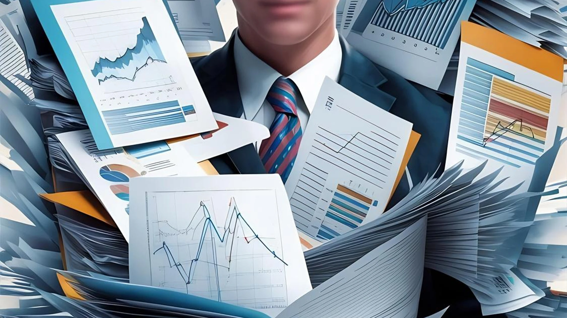 Statistic documents with businessman blurred background
